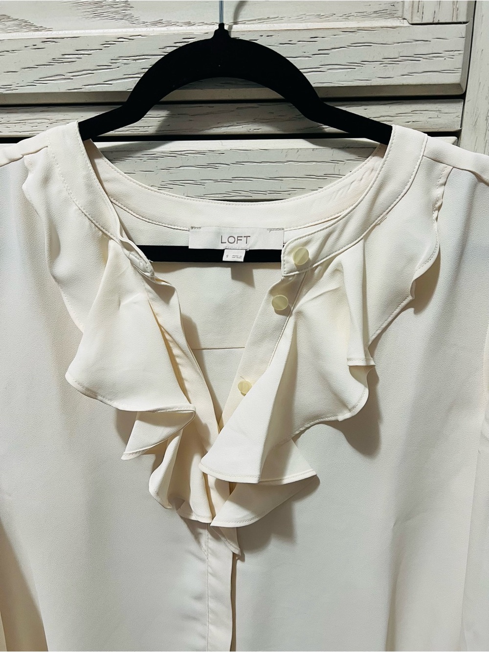 LOFT Cream Ruffle-Front Button Blouse - Picture 2 of 2